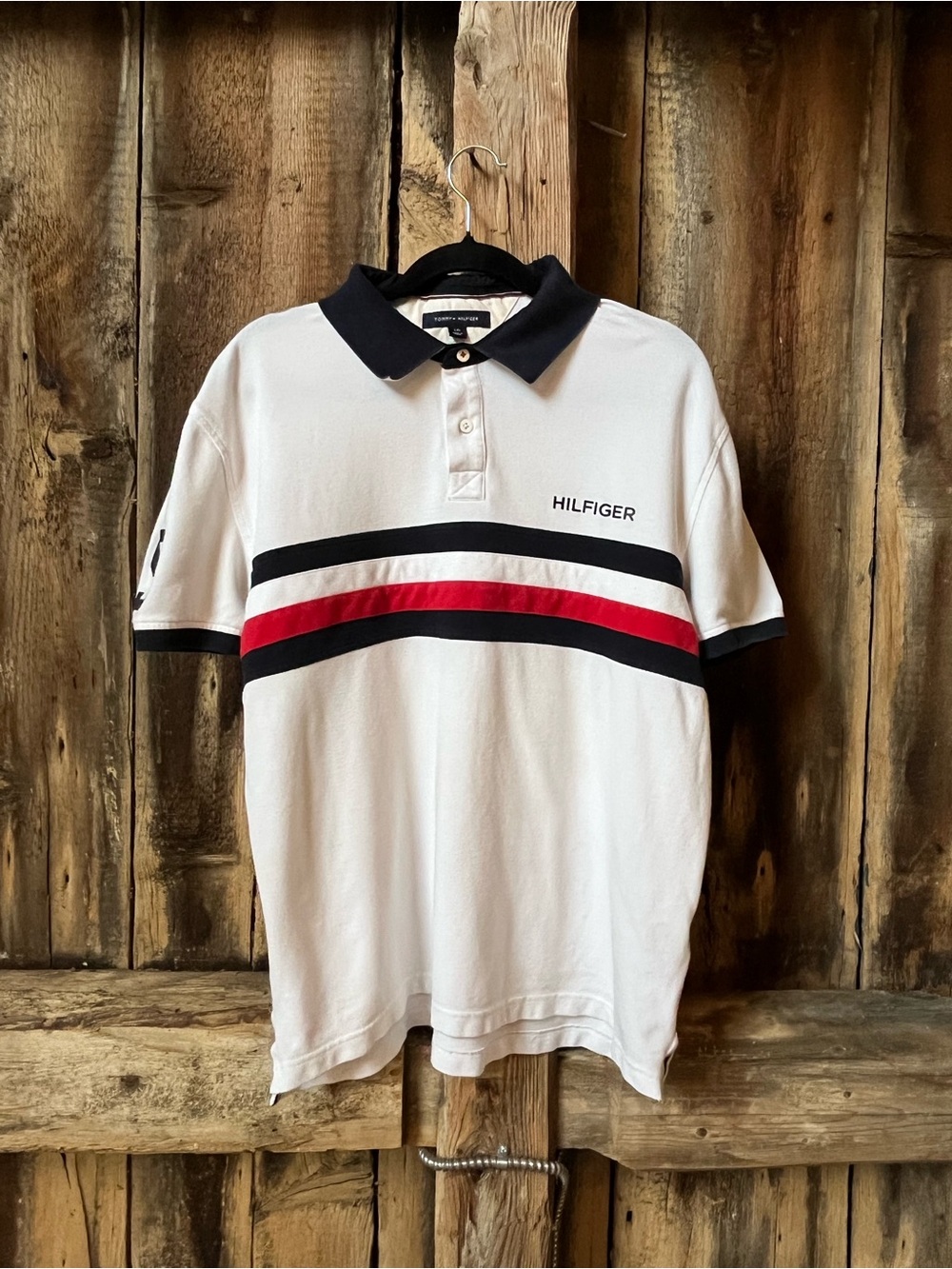 Tommy Hilfiger White Polo with Black & Red Stripes